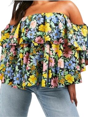 Boohoo Plus Woven Ruffle Floral Off-Shoulder Top
